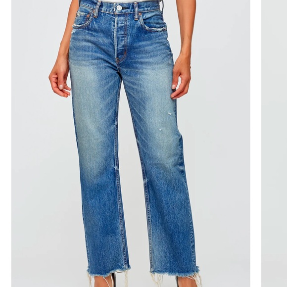 Moussy Vintage Straight Leg Jeans in Mid Blue Distressed Denim - Picture 3 of 16